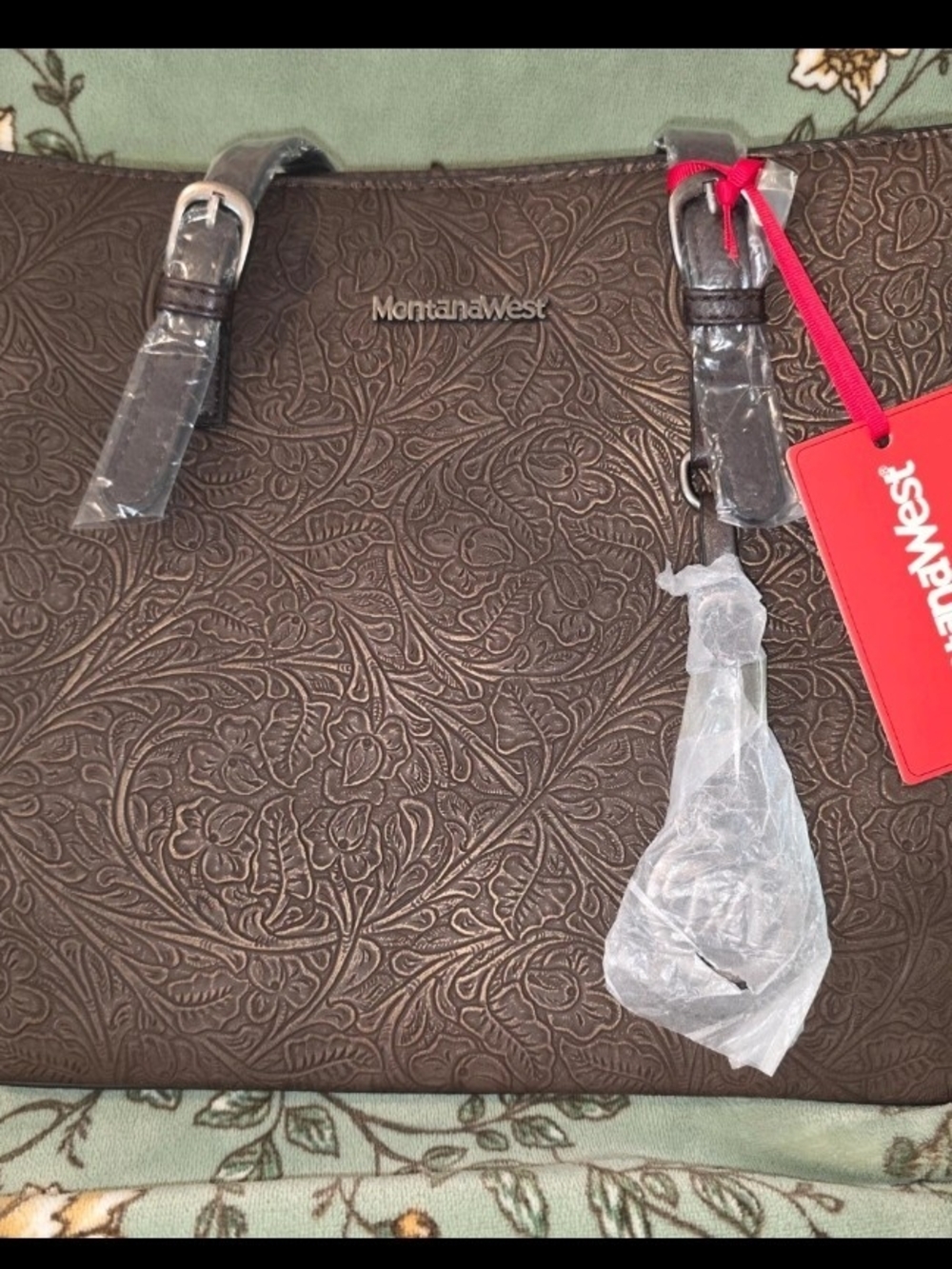 Montana West Concealed Carry Dark Brown Embossed Floral Tote with Buckle Straps
